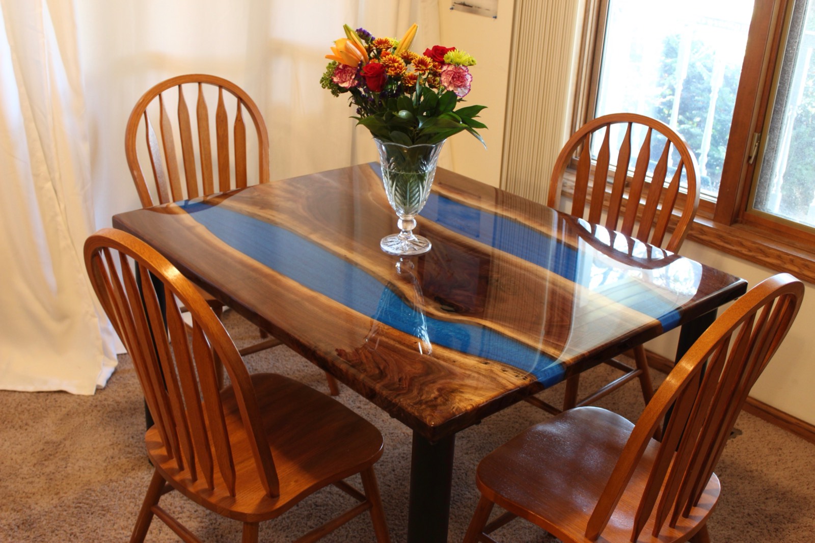 Black Walnut Custom Size Table, Blue River, Traditional epoxy table-top finish. ~48″x40″