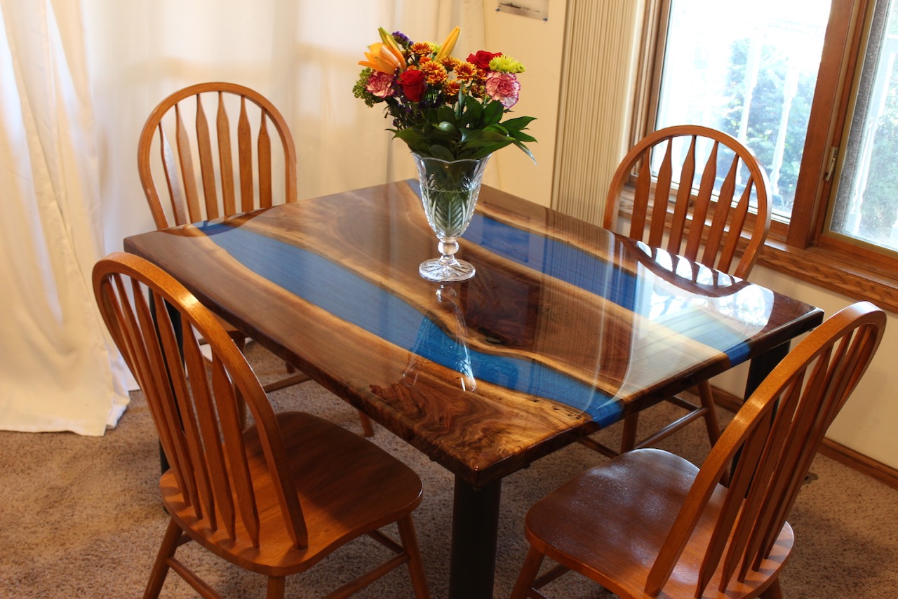Handcrafted live-edge river table, custom woodcraft made in Madison, Wisconsin
