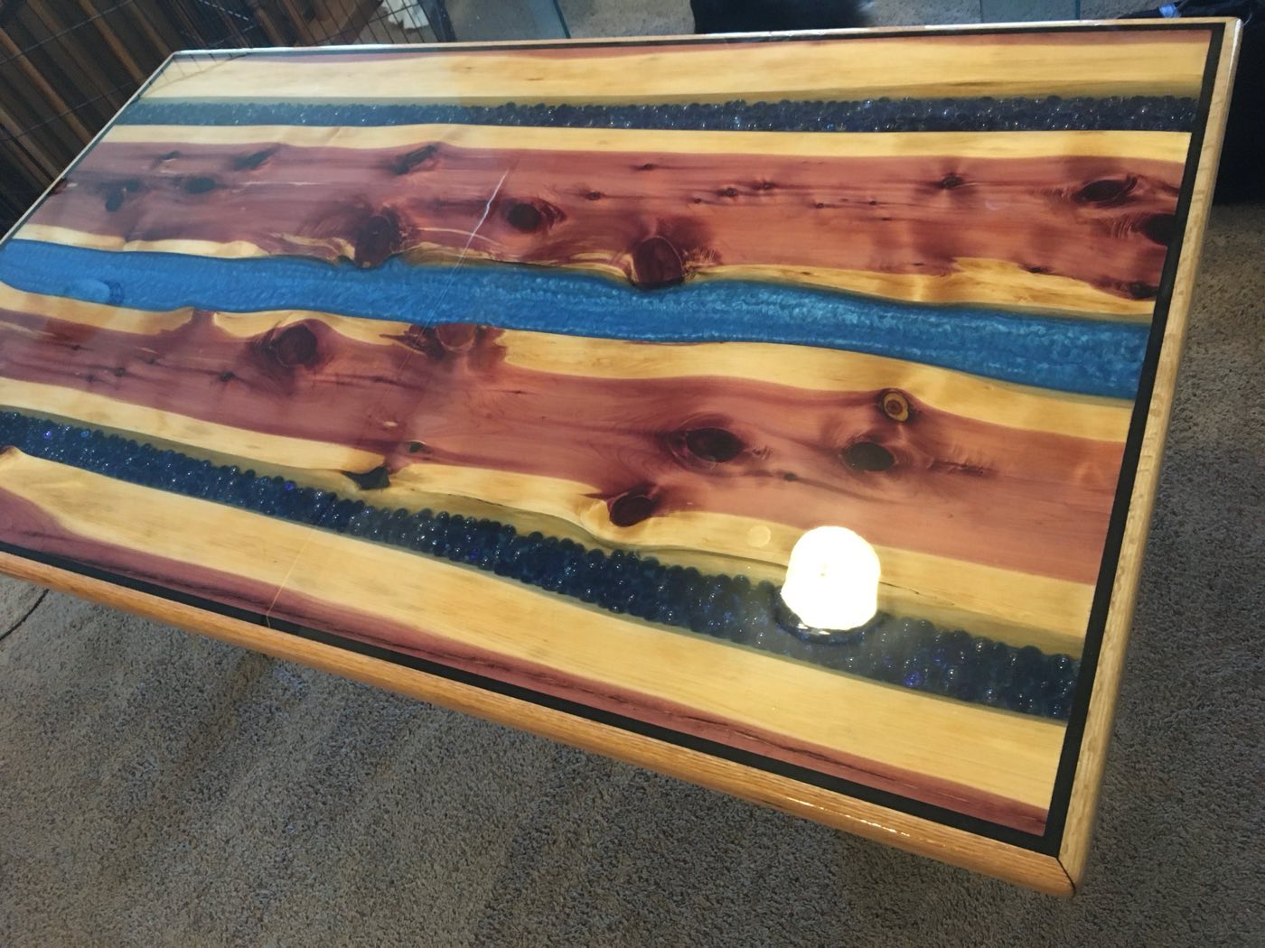 Red Cedar, 72x42, Blue river with glass beads, Clear epoxy finish