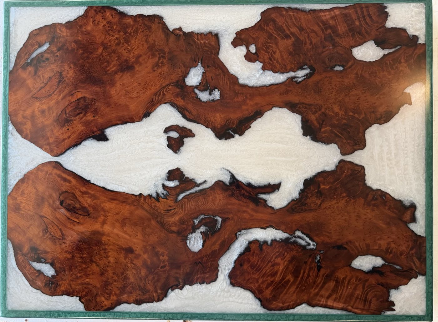 California Redwood burl, Silver pearl river, Green epoxy and Caribbean Rosewood border, 48x36, Signature finish