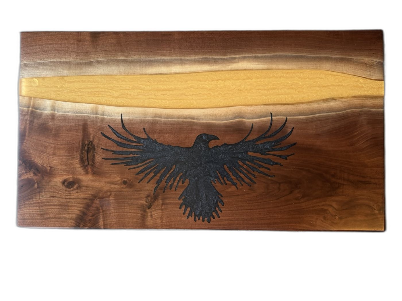 Black Walnut, 44x24, Gold river with black raven graphic, Signature finish