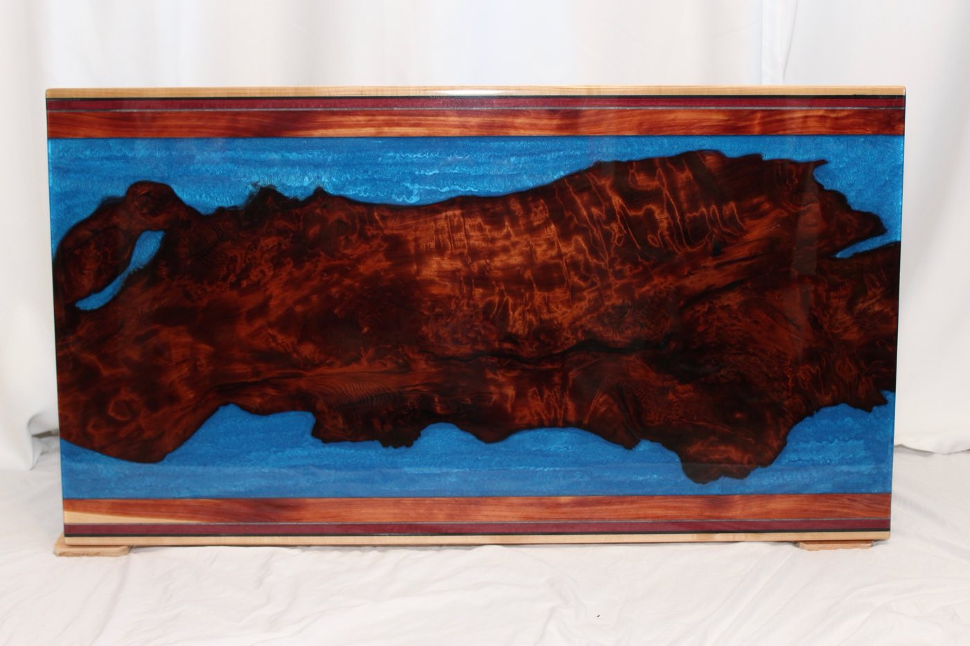California Redwood, 44x24, Blue river with Maple, Cedar and Purpleheart border, Clear epoxy finish
